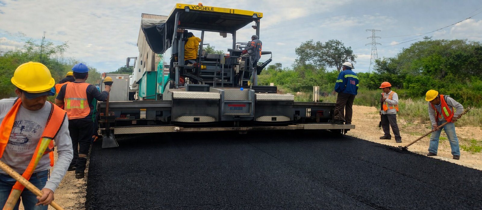 Cuadrilla y pavimentadora trabajando en carretera