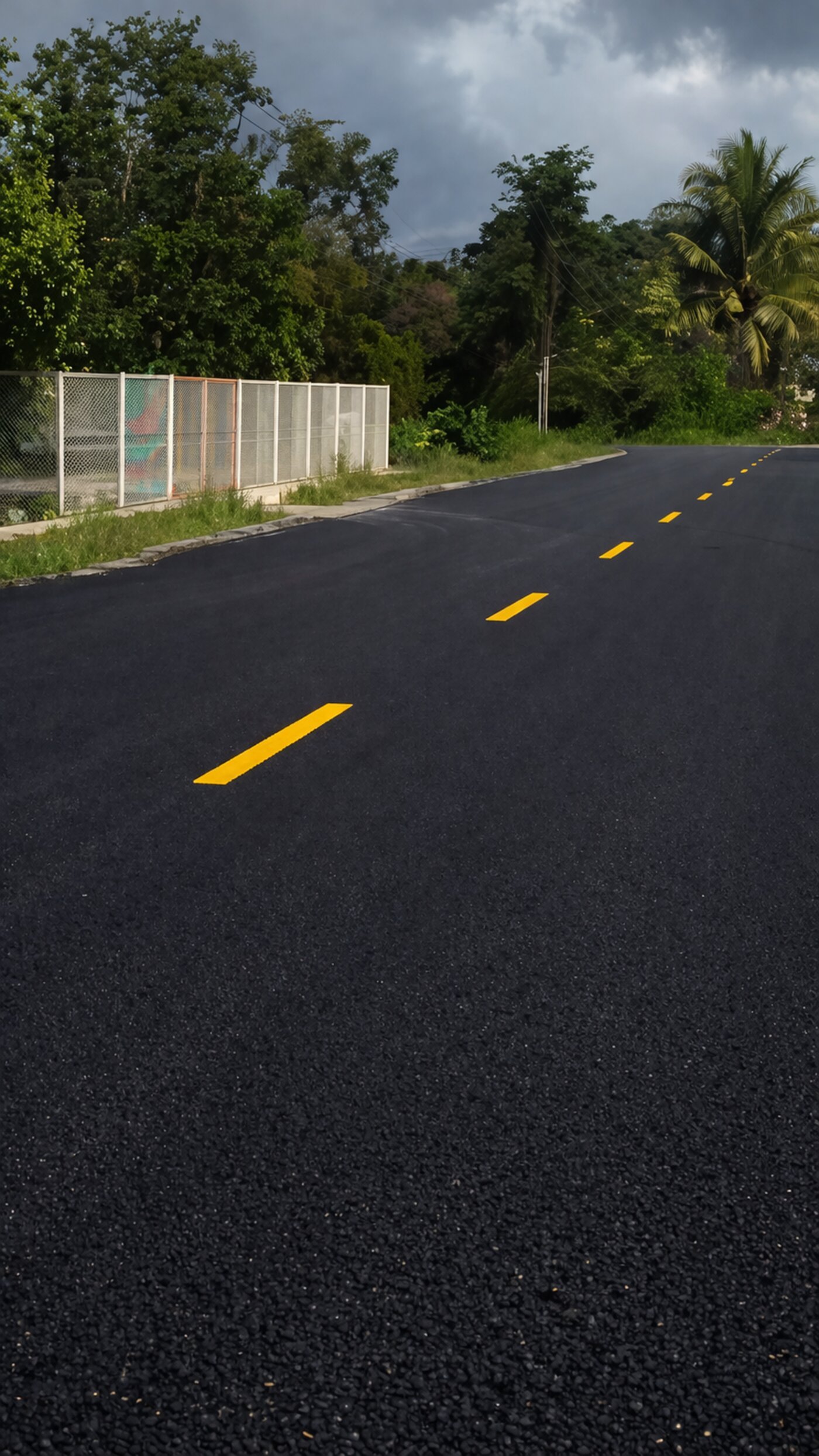 Carretera con señalamiento amarillo bajo cielo tropical