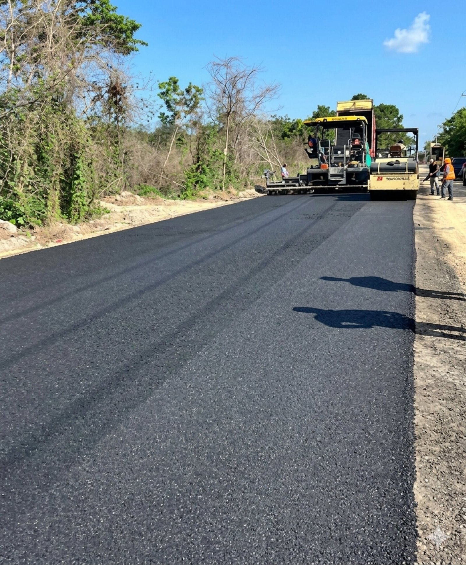Camión y pavimentadora extendiendo asfalto